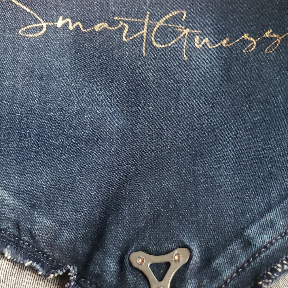 Guess Blue Denim Fitted Dress with Gold Accent Buttons And Ribbots